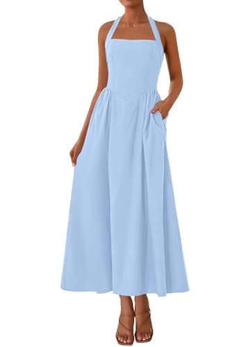KIRUNDO Summer Dresses for Women 2026 Halter Maxi Wedding Guest Party Cocktail Semi Formal Elegant Classy Long Sundress(Light Blue, Medium) - Image 1