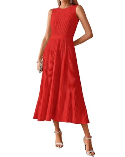 BTFBM Women Tank Midi Dress Summer Crewneck Sleeveless Pleated A Line Business Casual Formal Sweater Spring Dresses 2026(Brick Red, Small) - Image 1