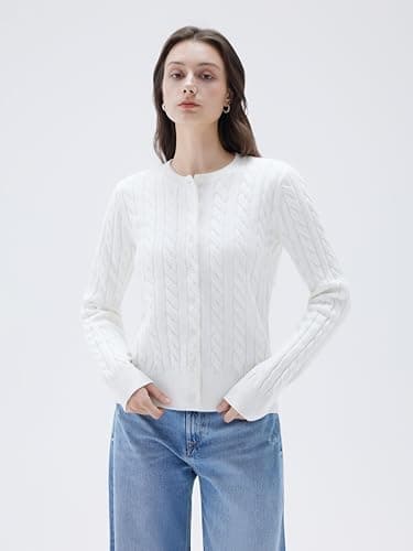 SUUKSESS Women Cable Knit Cashmere Blend Sweaters Crew Neck Button Up Chunky Cardigan Long Sleeve Cropped Fall Fashion Outfits Jackets (White, L) - Thumbnail 4