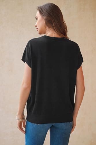 Arach&Cloz Womens Spring Summer Short Sleeve Oversized Sweaters Cashmere Lightweight Crew Neck Business Casual Clothing Work Blouse Tops Dressly Capsule Wardrobe Teacher Outfits Trendy Black XXL - Thumbnail 4