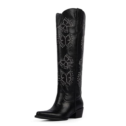 Easyfox Black Cowboy Boots for Women Rhinestone Knee High Cowgirl Boots Chunky Heel Butterfly Embroidered Western Boot Pointed Toe Slip on Block Heel Cow Girl Boot Size 11 - Image 1