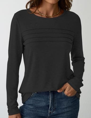 NORACORA Womens Tops Long Sleeve T Shirts Dressy Casual Spring Fall Outfits Pleated Front Shirts Round Neck Casual Tunic Basic Tee Tops Black XL - Thumbnail 3