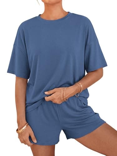 BTFBM Two Piece Sets For Women Summer Outfits Short Sleeve Tops Lounge Shorts Sets Oversized Matching Sets Pockets 2026(Grey Blue, Small) - Image 1