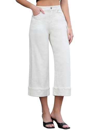 Vetinee Capris Jeans for Women Wide Leg High Waisted Trendy Fold Hem Summer Casual Stretchy Denim Jean Capri Pants Baggy Capris for Women Wide Legged Jeans Off White X-Large Fits Size 16-18 - Image 1