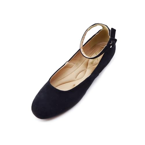 unsylvion Women's Ballet Low Wedge Flats with Round Toe and Ankle Strap Stylish Comfortable Casual Shoes for Work,Office,Business Suede-Black - Image 1
