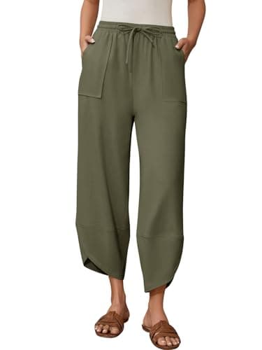Jiflora Women's Harem Cotton Linen Pants Summer Womens Baggy Wide Leg Pants Beach Drawstring Trousers Green XL - Image 1