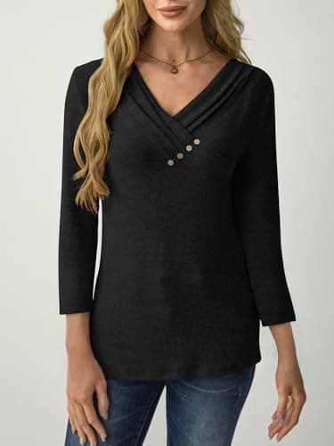 GKBK Women 3/4 Sleeve Tunic Tops for Leggings V Neck Button Down Loose T Shirts 2026 Fall Summer Dressy Business Casual Blouse Pullover Sweatshirt Work Cute Trendy Sweater Outfit Clothes Black S - Thumbnail 2