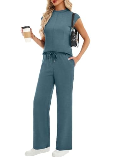 Casly Lamiit 2 Piece Sets for Women Summer Travel Outfits Casual Wide Leg Pants Short Sleeve Airport Lounge Sets Spring Clothes Storm Blue M - Image 1