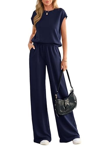 PRETTYGARDEN Women's Summer 2 Piece Lounge Sets 2026 Cap Sleeve Tops Wide Leg Pants Workout Sets Loose Casual Tracksuit(Navy Blue,Medium) - Image 1