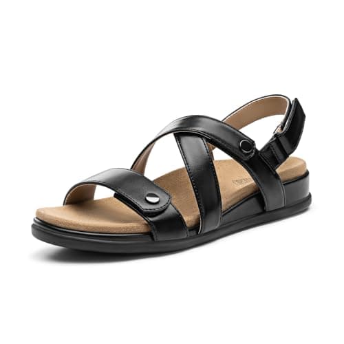Rihero Women's Comfortable Orthopedic Arch Support Sandals Summer Casual Open Toe Walking Flat Sandals with Adjustable Strap, Black 7, SRFLS2607W - Image 1