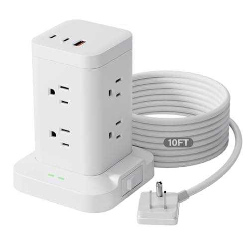 Power Strip Tower with Surge Protector 1800J, Fast Charging Tower PD20W USB-C Ports with 8 AC Outlets, 10ft Extension Cord for Home Office Dorm Room, White - Image 1