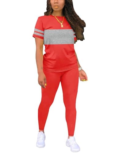 Hakubeby Two Piece Sets for Women Summer Short Sleeve Striped Crewneck Slim Fit Active Casual Sweatsuits Red Medium - Image 1