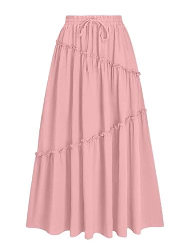Gracyoga Womens Summer Casual Elegant Smock Layered Tiered Maxi Skirt High Waisted A Line Flowy Long Skirts with Pockets Pink Medium - Image 1