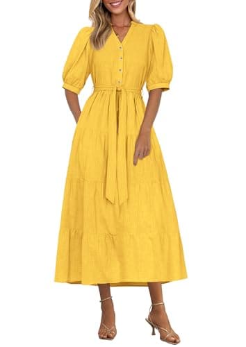 PRETTYGARDEN Summer Dresses for Women 2026 Elegant Classy Short Sleeve V Neck Ruffle A Line Belted Long Beach Vacation Dress (Yellow,Medium) - Image 1