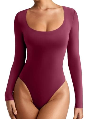 REORIA Womens Basic Sexy Scoop Neck Long Sleeve Leotards Fashion Fall Outfits Double Lined Layering Slim Soft Bodysuits Tops Burgundy Large - Image 1