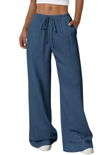 PRETTYGARDEN Womens Palazzo Pants Summer Fashion 2026 High Waisted Wide Leg Drawstring Flowy Beach Trousers with Pockets (Dark Blue,Medium) - Image 1