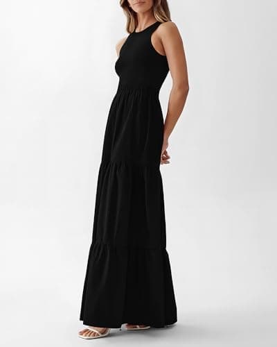 BTFBM Women Sleeveless Summer Dresses Wedding Guest Maxi Dresses Ribbed Knit Tops and Polyester Skirt with Pockets(Solid Black,Large) - Thumbnail 6