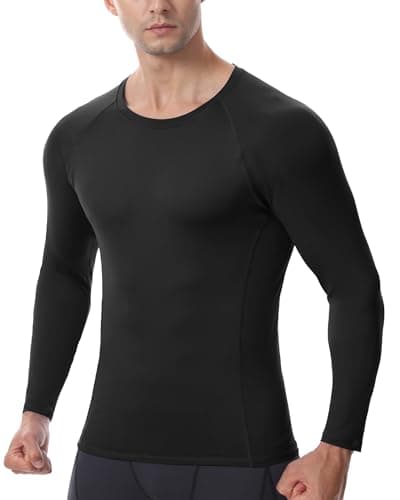 RIKUAOU Men's Long Sleeve Compression Shirt, Quick Dry Athletic Base Layer Top, Skins Fit Football Running Workout Undershirt Black - Thumbnail 2
