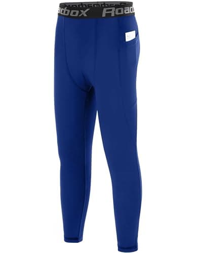 Roadbox Boys Compression Pants, Youth Athletic Sports Legging with Pocket, Base Layer Tights for Kids Running Football Ocean Blue - Image 1