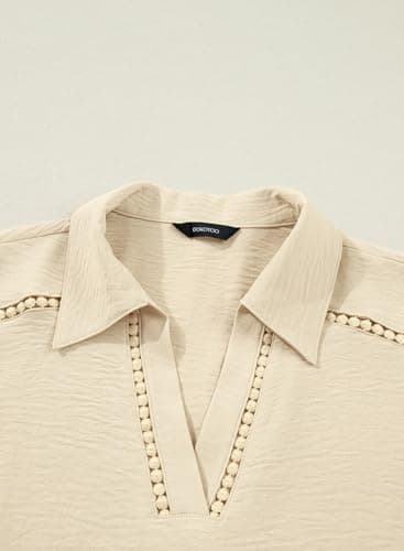 Dokotoo Womens Tops Short Sleeve Shirts V Neck Dressy Casual Blouses Solid Color Lace Tops Business Casual Outfits Spring Summer Tops,Apricot Medium - Thumbnail 6