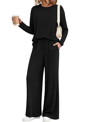 KIRUNDO Spring 2 Piece Lounge Sets for Women Long Sleeve Ribbed Knit Tops Wide Leg Pants Matching Travel Outfits Postpartum(Black, XX-Large) - Image 1