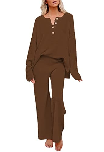 Pink Queen Jogger Sets For Women 2 Piece Sweater Set Pullover Top High Waisted Wide Leg Pants Sweatsuit Brown XL - Image 1