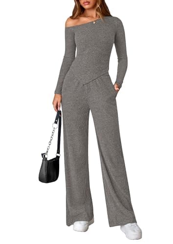 PRETTYGARDEN Fall Two Piece Sets For Women 2026 Off Shoulder Tops Long Pants Knit Matching Lounge Set Airport Travel Outfits(Grey,XX-Large) - Image 1