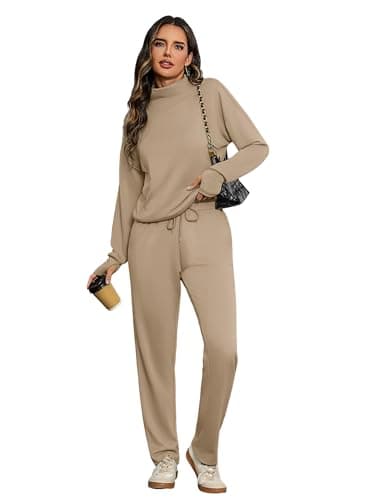 Totatuit Womens Casual Sweatsuit Two Piece Lounge Set Winter High Neck Pullover Long Sleeve Tracksuit Fall Outfits Warm Office Wear light Khaki M - Thumbnail 3