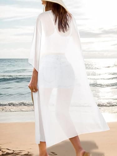 Women's Boho Long Kimono Cardigan Dusters Summer Lightweight Chiffon Sheer Beach Swimsuit Swimwear Bathing Suit Bikini Cover Ups Coverup Plus Size Resort Wear Solid Color White X-Large - Thumbnail 5