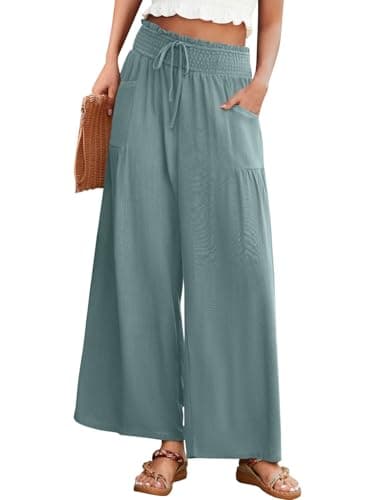 JUYUEO Womens Wide Leg Pants Elastic Waisted Linen Palazzo Pants Summer Boho Beach Travel Lounge Casual Trouser with Pockets Lake S - Image 1