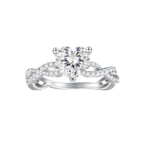 SILVERNANA 2ct Heart Moissanite Engagement Ring for Women 925 Sterling Silver Twisted Vine Pave Band Heart Solitaire Promise Ring for Her Size 4.5