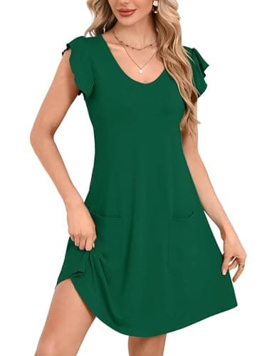 DEARCASE Womens Summer T-Shirt Dresses V Neck Elegant Classy Ruffle Sleeve A-line Tunic Dress 2026 with Pockets Dark Green Medium - Image 1