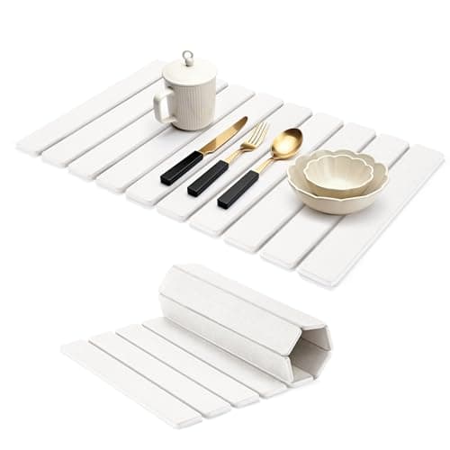 HABUTWAY Large Stone Dish Drying Mat for Kitchen Counter Quick Dry Collapsible Diatomaceous Earth Dish Drying Mats Water Absorbent Drying Mat for Dishes Bottles Cups Foldable (WHITE, 24"L×16"W) - Image 1