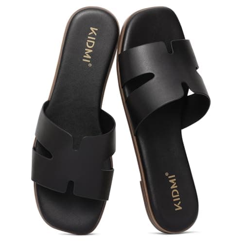 KIDMI Women's Dressy Flat Sandals, Comfortable Slip On Summer Slides, Fashion Open Toe Casual Sandals, Black 9.5 - Image 1