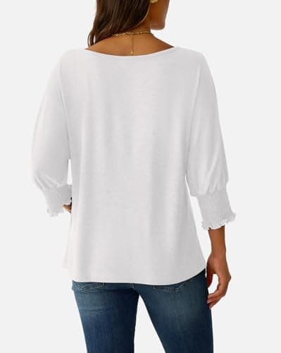NORACORA Women's 3/4 Sleeve Tops Loose Fit Shirts Dressy Casual Crew Neck T Shirts for Women Basic Tees Shirt with Smocked Cuffs 2025 Fall Fashion Blouse White S - Thumbnail 4