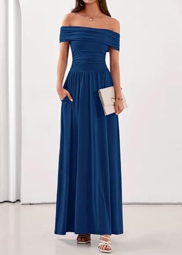 KIRUNDO Cocktail Dresses for Women 2026 Summer Off The Shoulder Ruched Pleated Long Flowy Formal Party Maxi Dresses Pockets(Navy, Large) - Thumbnail 5