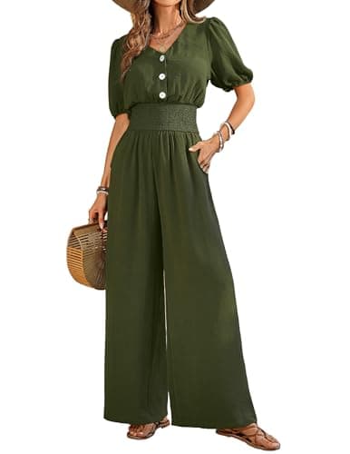 LOOKBOHO Womens Jumpsuits Formal Smocked High Waist Short Sleeves Wide Leg Rompers Dressy V Neck One Piece Army Green XXL - Image 1