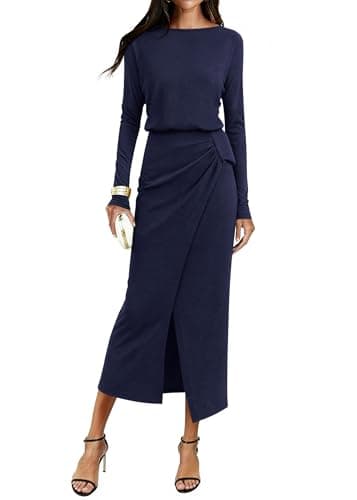 KIRUNDO Women’s Cocktail Wedding Guest Maxi Dress Lightweight Long Sleeve Boat Neck Knit Ruched Slit Slimming Dresses(Navy Blue, X-Large) - Image 1