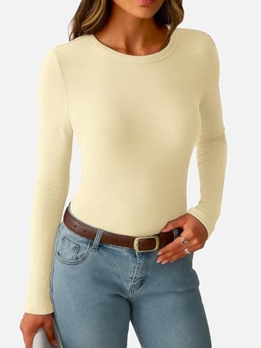GKBK Womens Long Sleeve Ribbed Tops Slim Fitted Tight Basic T-Shirts Crewneck Layering Lightweight Fall Sweaters 2026 Fashion Outfits Light Yellow - Thumbnail 2