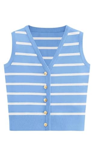 NALANISA Vest Tops for Women 2026 Trendy Sleeveless Striped Sweaters Cute Tank Tops V Neck Button Down Shirts Blouse Casual Business Summer Outfits (Light Blue White,L) - Image 1