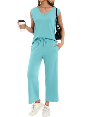 YOKGO Two Piece Sets for Women Summer Outfits V Neck Lounge Sets Business Casual Vacation Travel Matching Set - Image 1