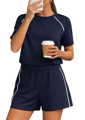 PRETTYGARDEN Shorts Sets Women 2 Piece Outfits Summer 2026 Matching Workout Athletic Clothing Casual Spring Travel Loungewear (Navy Blue,Large) - Image 1