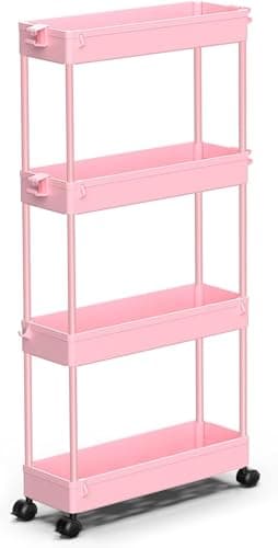 SPACEKEEPER Slim Rolling Storage Cart 4 Tier Bathroom Organizer Utility Cart Mobile Shelving Unit Tower Rack for Kitchen, Laundry Room, Bathroom, Narrow Places, Pink - Image 1