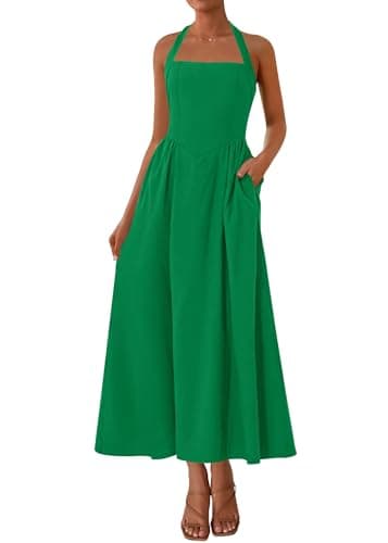 KIRUNDO Summer Dresses for Women 2025 Halter Maxi Wedding Guest Party Cocktail Semi Formal Elegant Classy Long Sundress(Green, Small) - Image 1