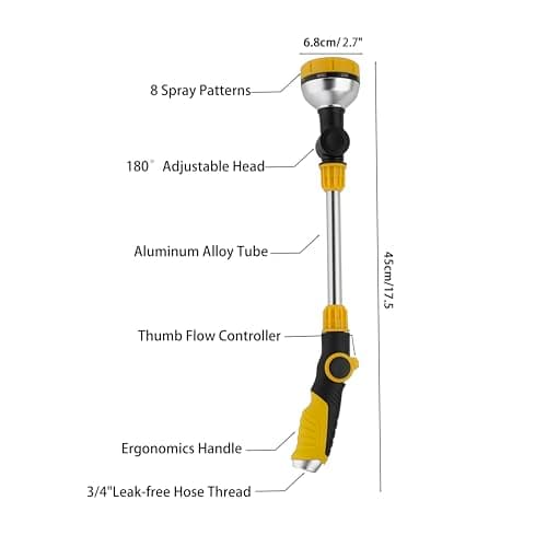 HaloAmily 17.5" Multi-Pattern Watering Wand with Thumb Control & 180° Water Nozzle | 8 Spray Modes for High-Pressure Cleaning, Pet Bathing, Gardens, Hanging Baskets | Fits Standard Garden Hoses - Thumbnail 2