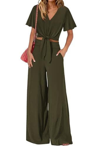 PRETTYGARDEN Women 2 Piece Summer Outfits Short Sleeve Strappy Top Wide Leg Pants Tracksuit Lounge Sets Beach Clothes(Army Green,X-Large) - Image 1