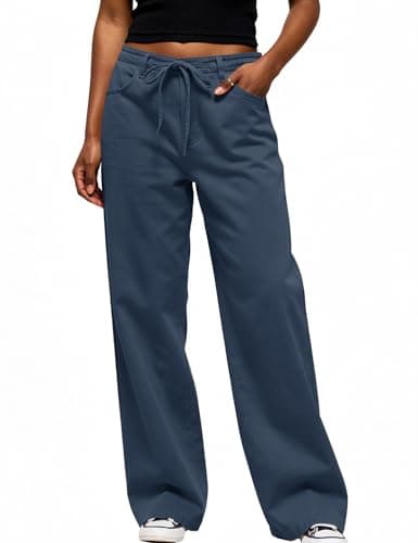 Rapbin Denim Blue Wide Leg Pants for Women Comfy Belt Loops Drawstring Soft Twill Trousers for Daily Street Casual Outfits - Image 1