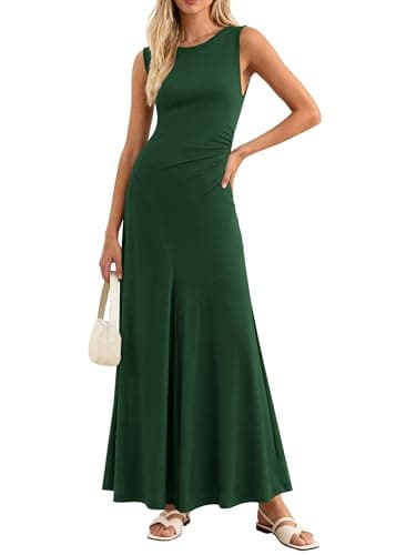 MASCOMODA Summer Casual Sleeveless Maxi Dresses for Women 2026 Spring Ruched A Line Flowy Tank Beach Vacation Long Sundress(Green,X-Large) - Image 1