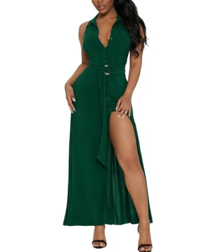 Deep V Neck Button Down Dress for Women Sleeveless Collared High Split Long Shirt Dresses Cocktail Wedding Party Maxi Dress Green M - Image 1