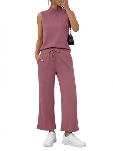 Casly Lamiit Two Piece Summer Outfits for Women 2026 Spring Beach Vacation Clothes Casual Wide Leg Crop Pants Matching Sets Travel Outfit Fuchsia L - Image 1